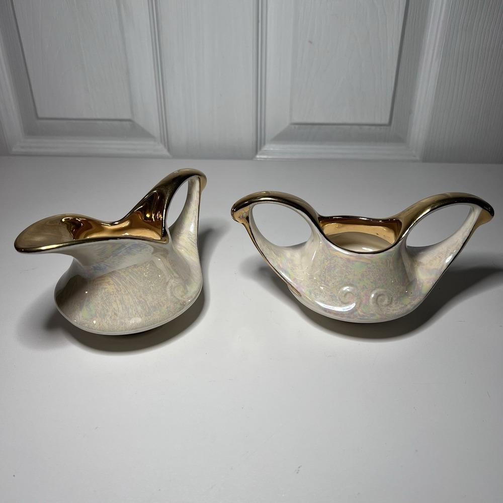 Vtg Pearl China Company Iridescent Lusterware Creamer‎ Sugar 22k Gold Trim